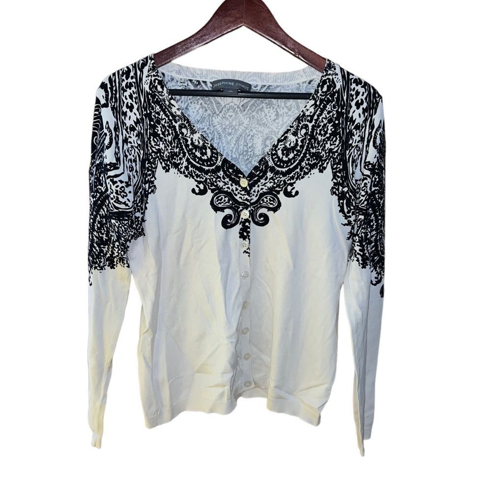 Josephine‎ Chaus ecru and black boho print light weight cardigan size medium